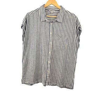 Orvis Button Down Shirt Womens L Blue White Striped Linen Blend Short Sleeve